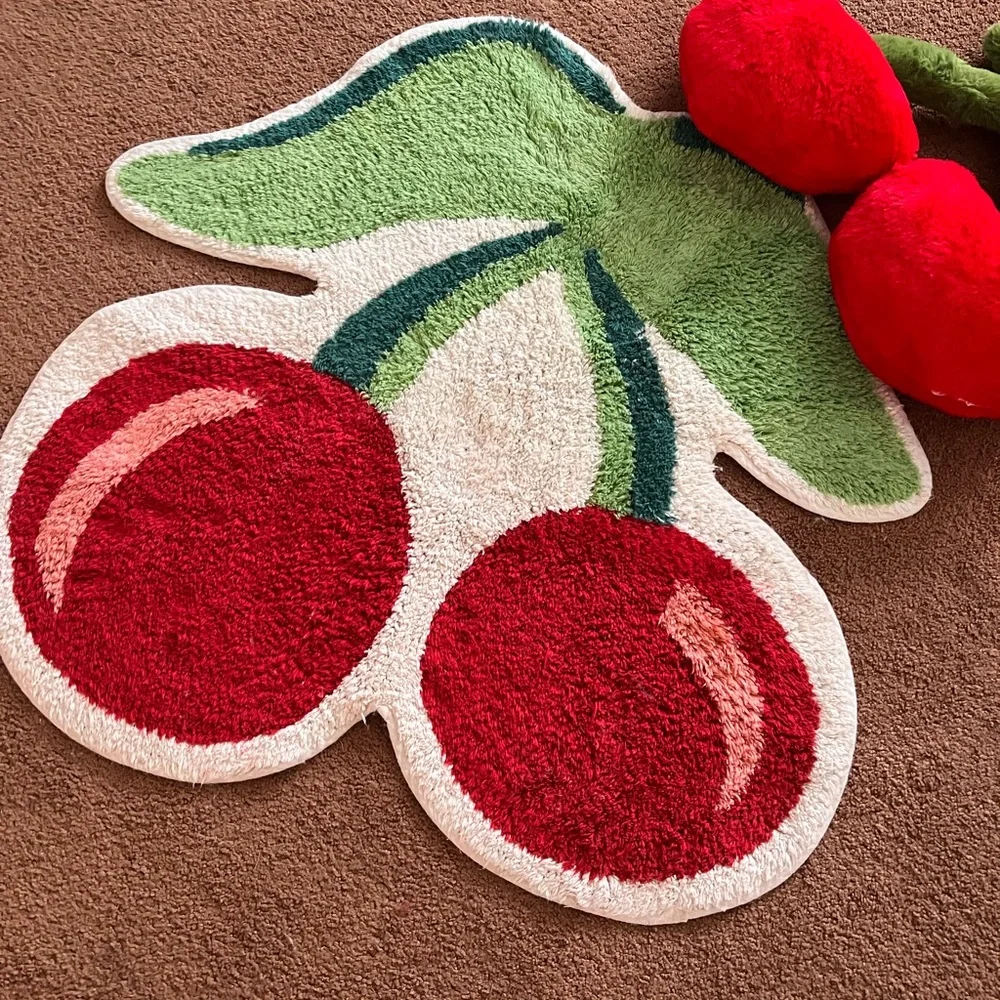 Vibrant Cherry-Shaped Red and Green Door Mat and Pillow